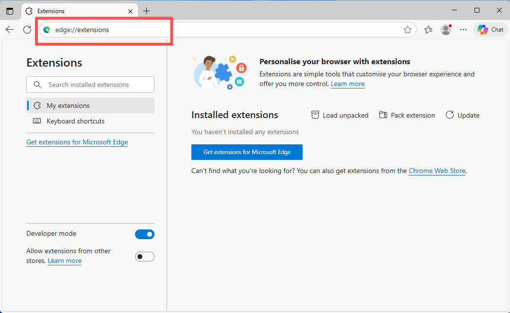 Open Extensions Page